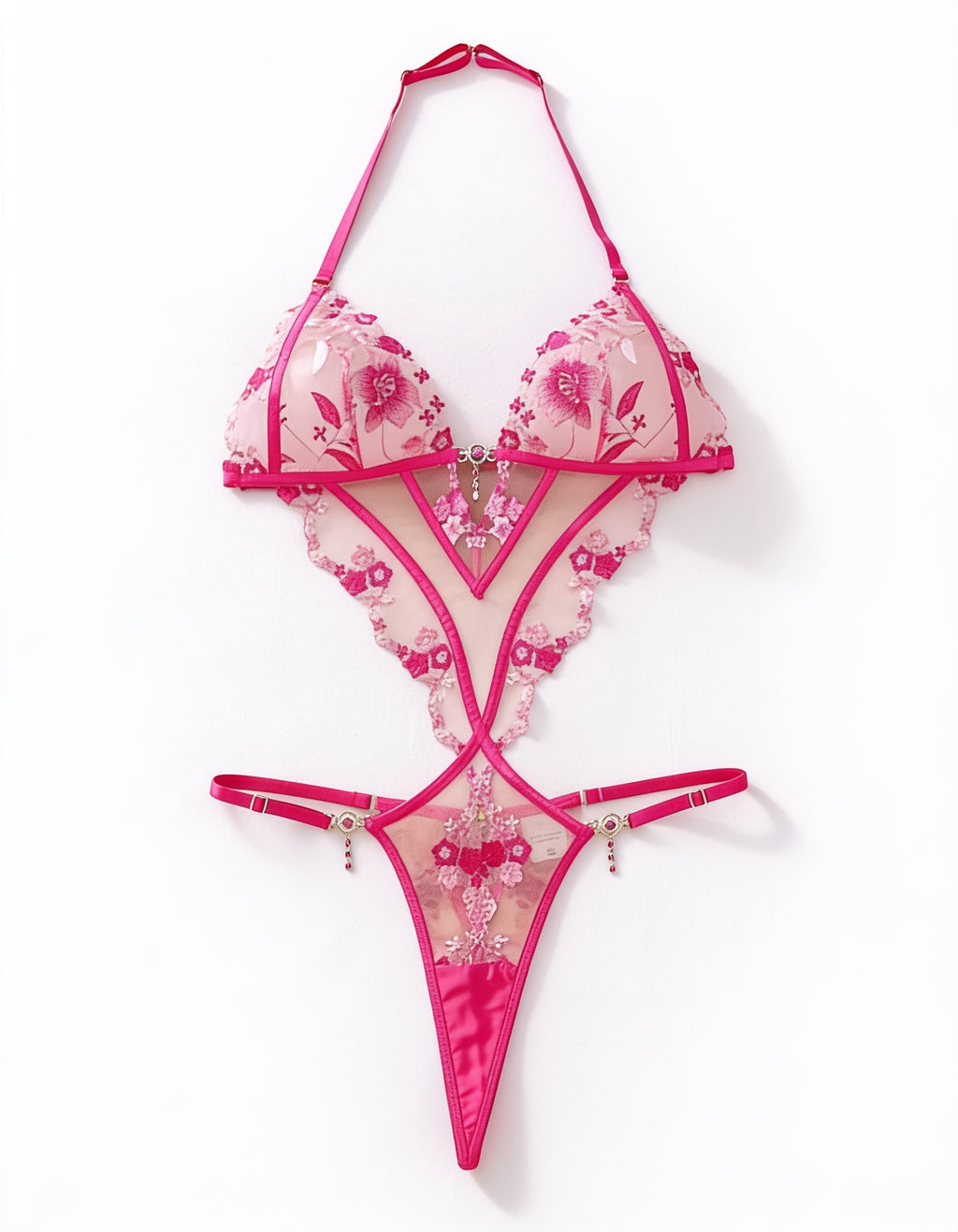 Embroidered Halter Bodysuit with Tummy Control